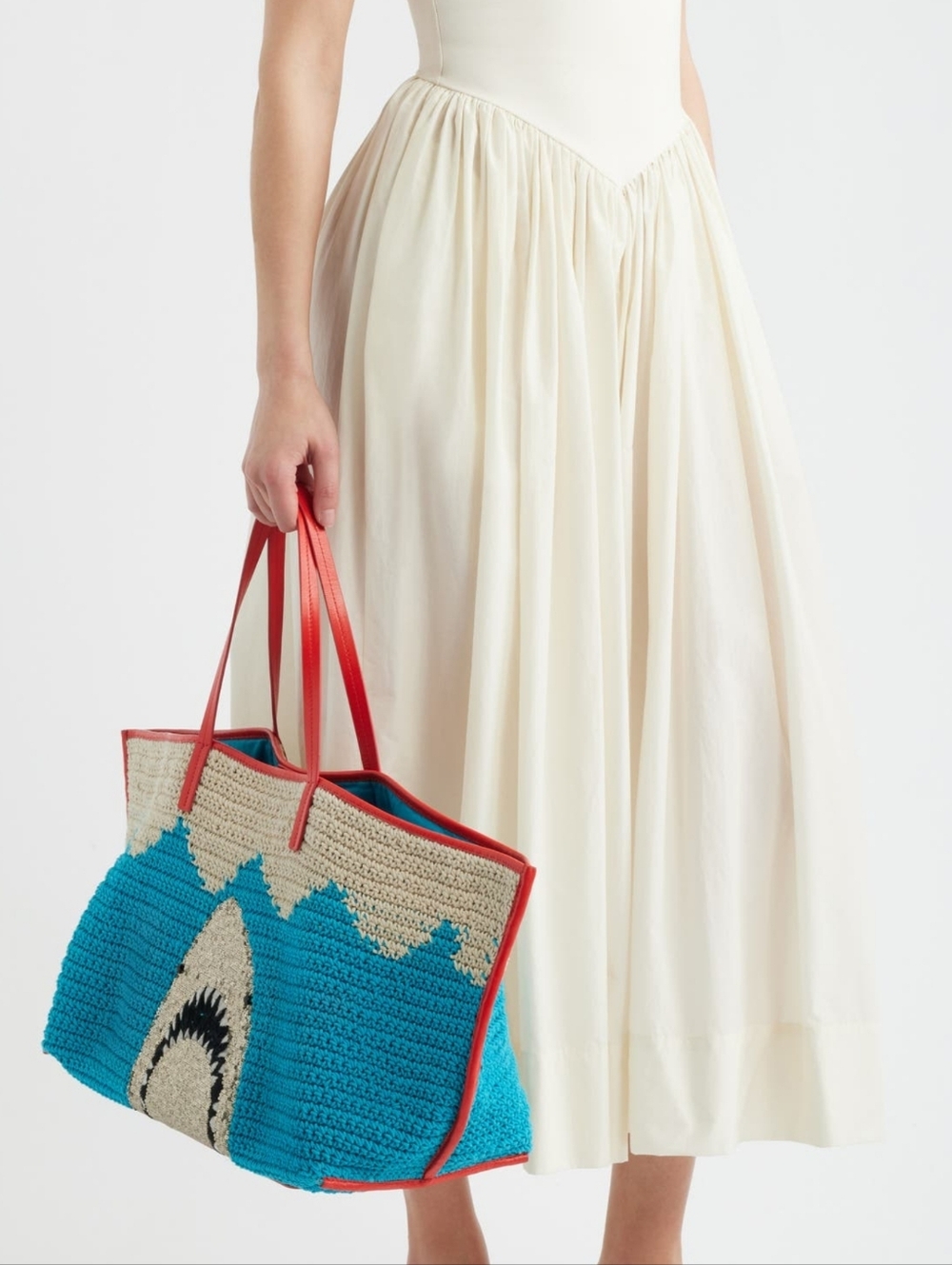 STAUD X large Bag Crochet Leather Shark Embroidered Tote Turquoise Cream Purse - Picture 2 of 12
